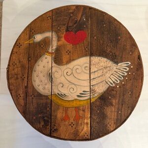 Vintage large 15” wood hand-painted cheese box with swan, fully lined inner